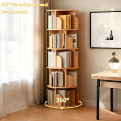 5 Tier Rotating Bookshelf, 360° Display Round Spinning Bookshelf, Space-Saving, Small Space Rotating Bookshelf Tower for Bedroom, Living Room, Home, Office, Wood Color