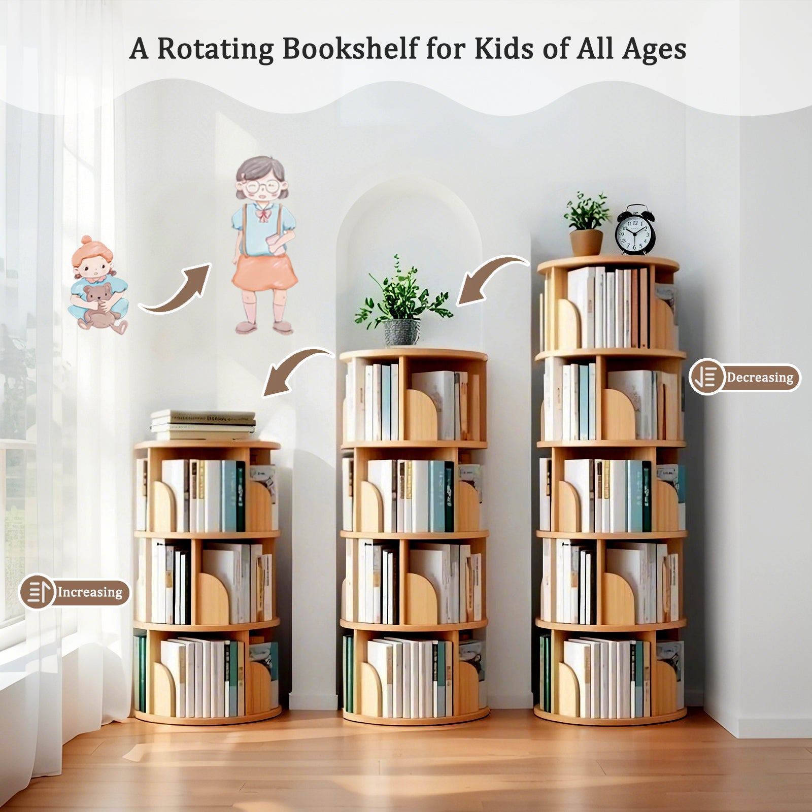 5 Tier Rotating Bookshelf, 360° Display Round Spinning Bookshelf, Space-Saving, Small Space Rotating Bookshelf Tower for Bedroom, Living Room, Home, Office, Wood Color