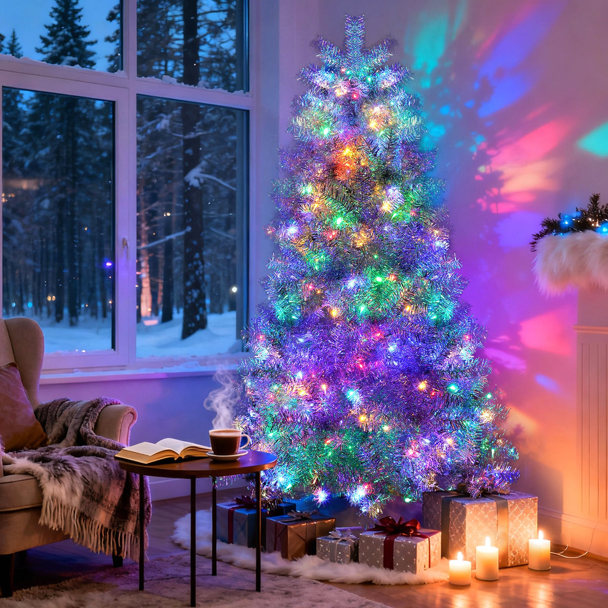 6FT Sliver Pre-Lit Artificial Christmas Tree, Hinged Full Tree with Metal Stand, 800 Branch Tips, 300 LED Lights,11 Lighting Modes, Holiday Decoration Tree for Indoor and Outdoor