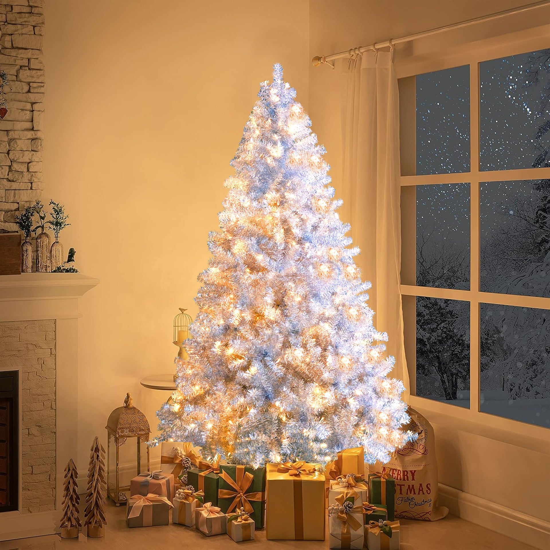 6FT Sliver Pre-Lit Artificial Christmas Tree, Hinged Full Tree with Metal Stand, 800 Branch Tips, 300 LED Lights,11 Lighting Modes, Holiday Decoration Tree for Indoor and Outdoor