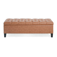 Upholstered Button Tufted Storage Ottoman, PU, Cognac Brown