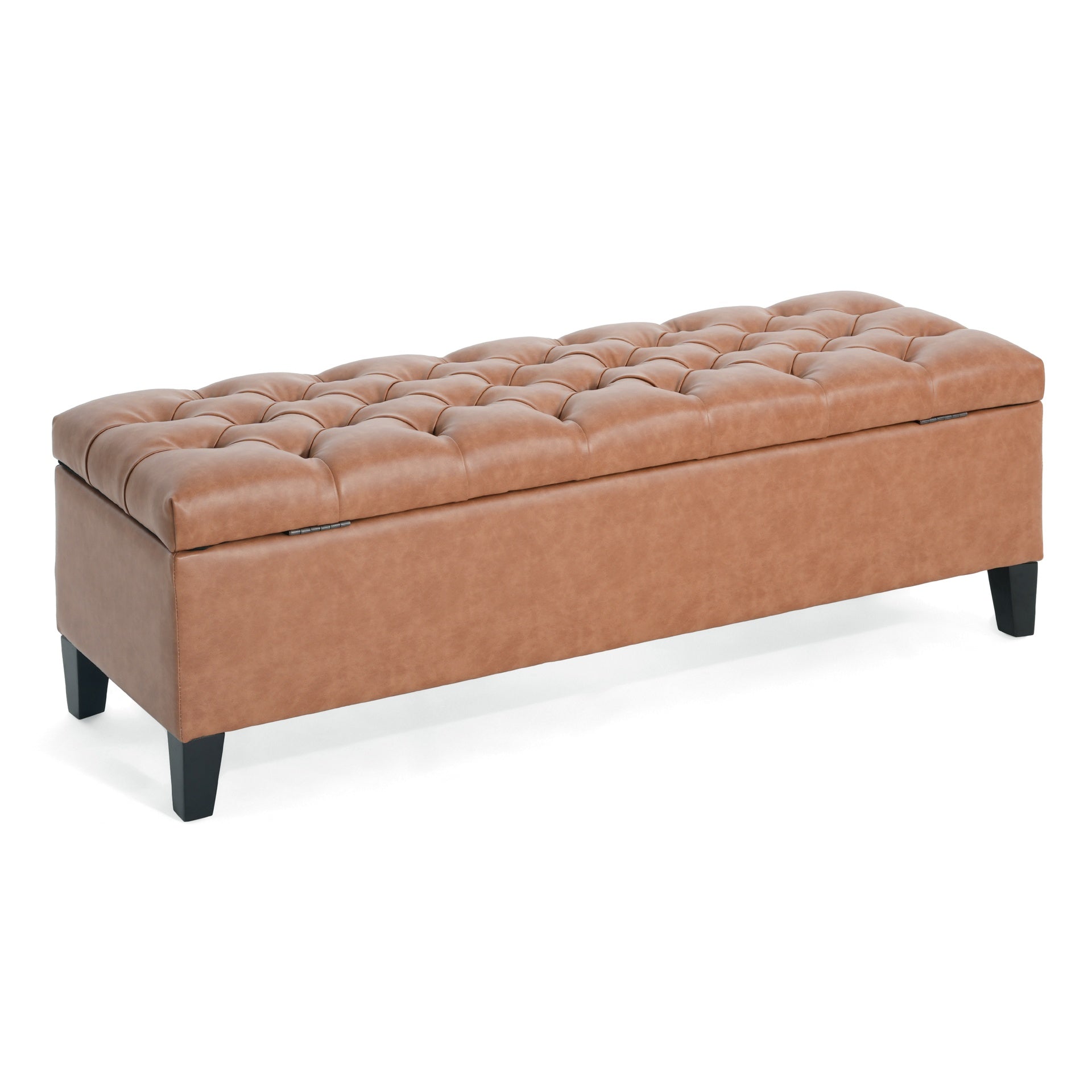 Upholstered Button Tufted Storage Ottoman, PU, Cognac Brown