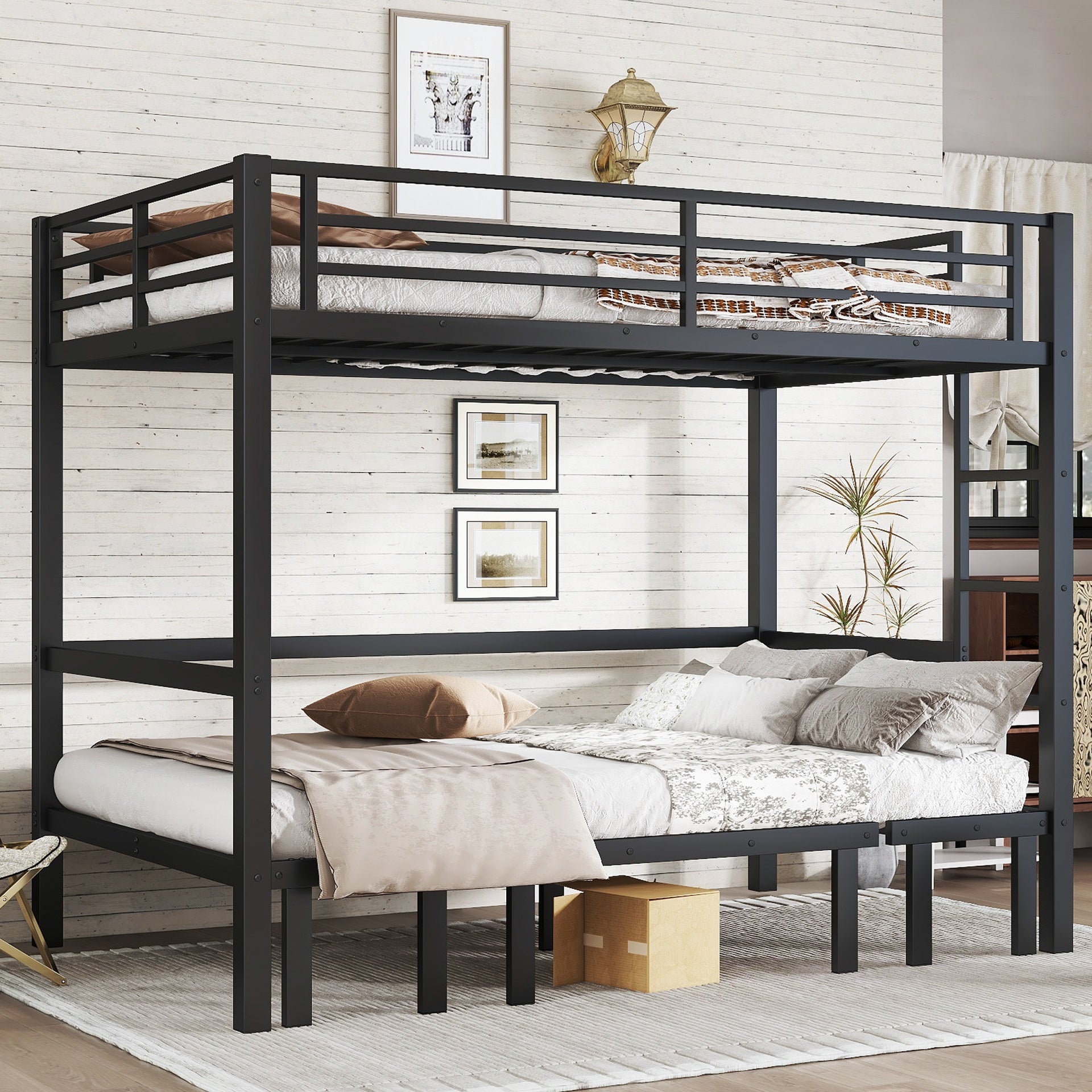 Full over Full size pull-out Metal Bunk Bed, lower bunk can be pulled out in three sections, top bunk equipped with safety rails, black.
