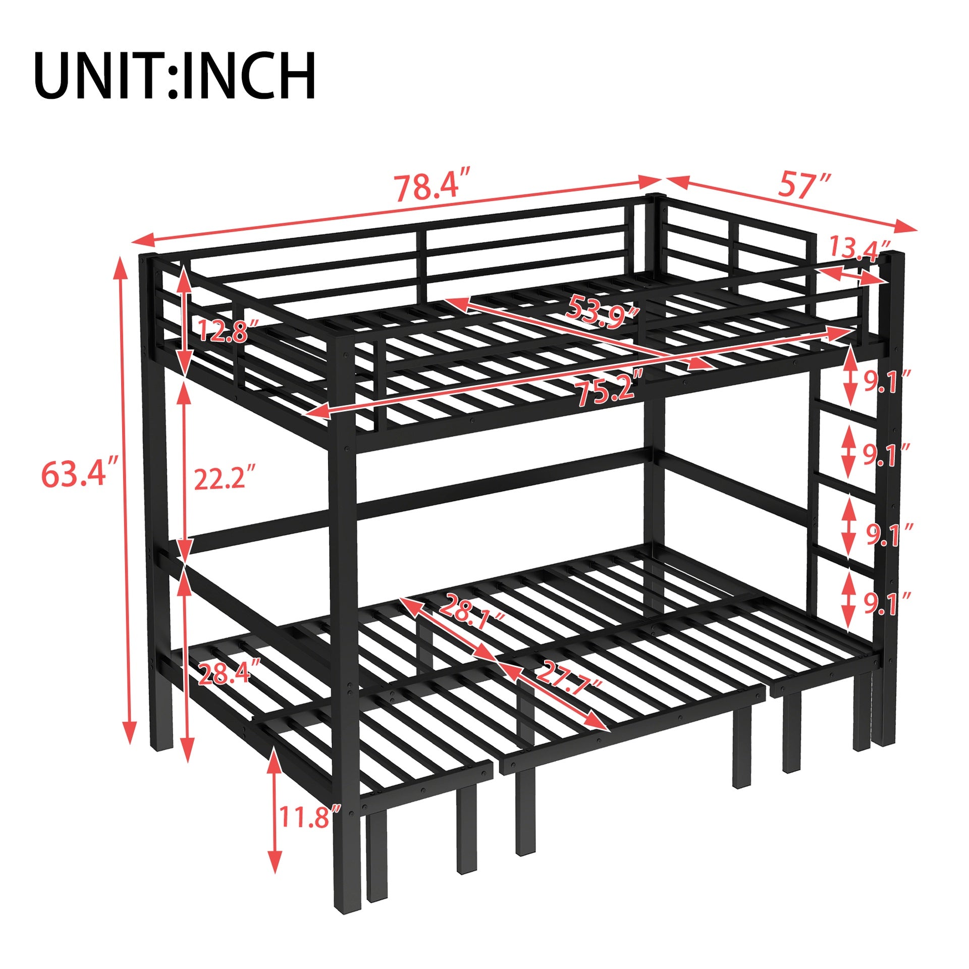 Full over Full size pull-out Metal Bunk Bed, lower bunk can be pulled out in three sections, top bunk equipped with safety rails, black.