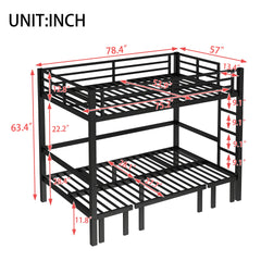 Full over Full size pull-out Metal Bunk Bed, lower bunk can be pulled out in three sections, top bunk equipped with safety rails, black.