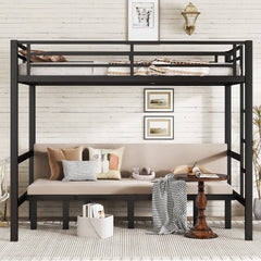 Full over Full size pull-out Metal Bunk Bed, lower bunk can be pulled out in three sections, top bunk equipped with safety rails, black.