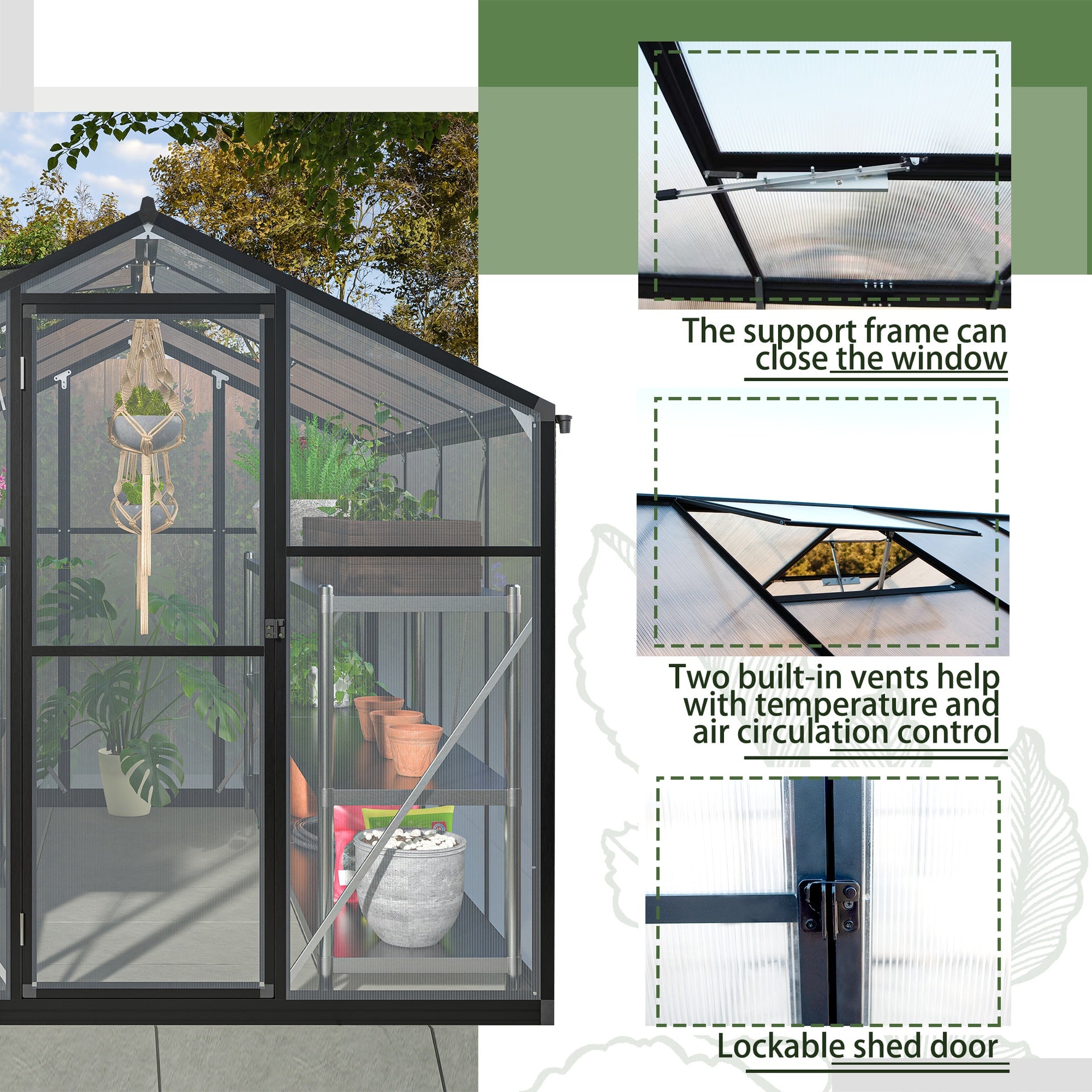 6x8 FT Greenhouse for Outdoors, Polycarbonate Greenhouse with Quick Setup Structure and Roof Vent, Aluminum Large Walk-in Greenhouse for Outside Garden Backyard, Black
