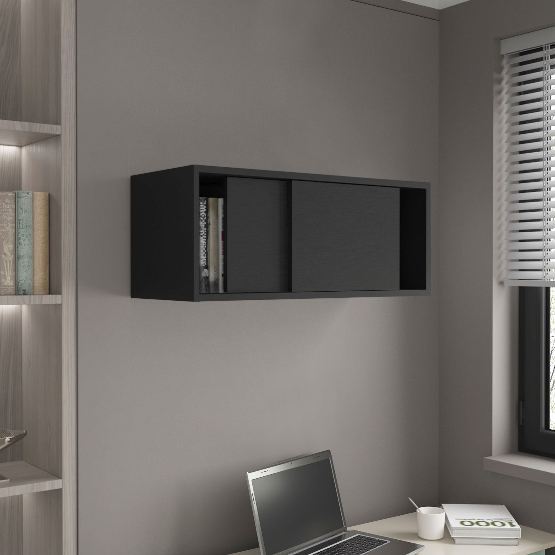 Wall Cabinet 13" H, 2 Sliding doors, 1 Shelf, Black