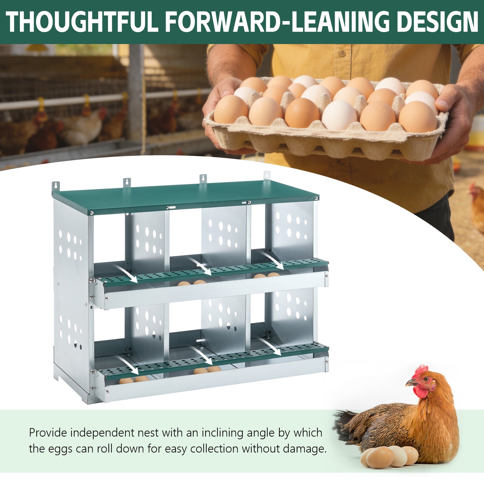 6 Compartments Chicken Nesting Box for Laying Eggs, Roll Away Chicken Laying Boxes, Green