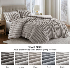 3 Pieces Full/Queen Ultrasoft Faux Fur Ribbed Comforter Set,Light Gray