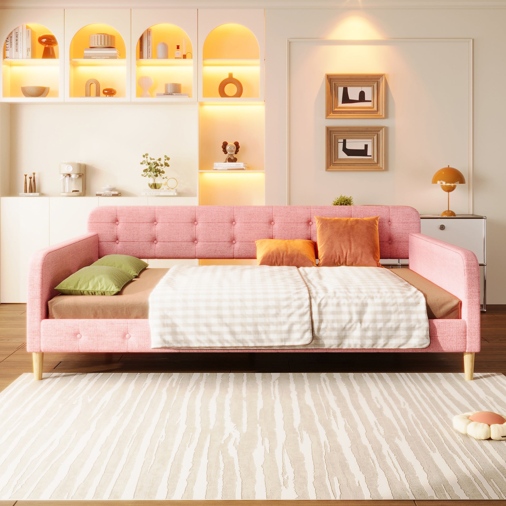 Queen Size Upholstered Daybed with 4 Support Legs, Rubine