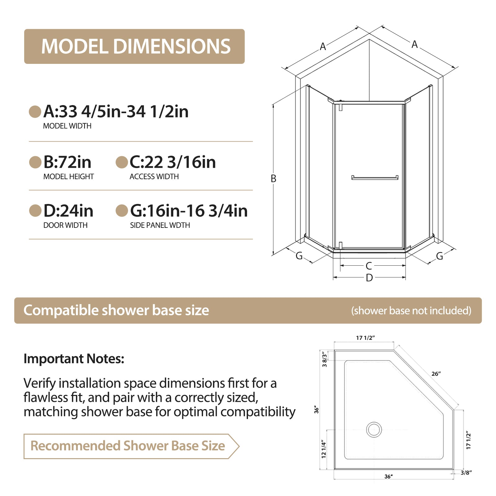 36"D X 36"W X 72"H Neo-Angle Shower Door, 1/4" Tempered Glass With Explosion-Proof Film, Chrome Stainless Steel Frame
