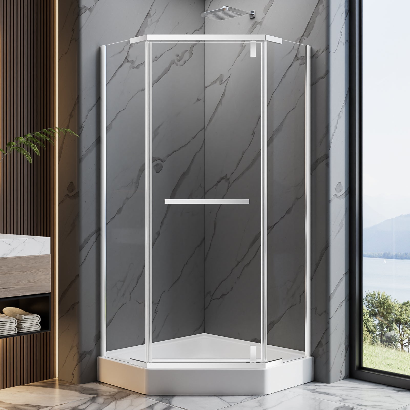 36"D X 36"W X 72"H Neo-Angle Shower Door, 1/4" Tempered Glass With Explosion-Proof Film, Chrome Stainless Steel Frame