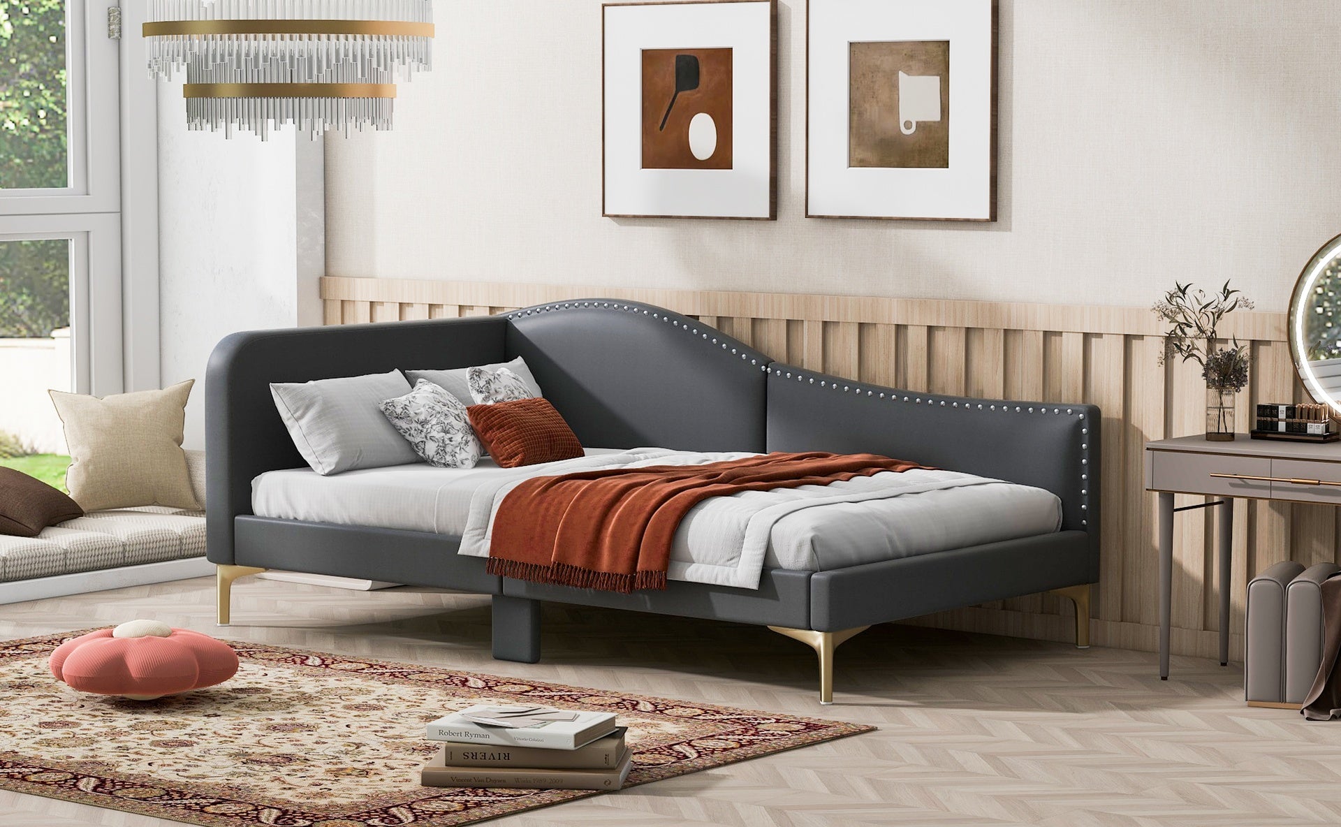 Twin Size Upholstered Daybed with Headboard and Armrest, Support Legs, Grey