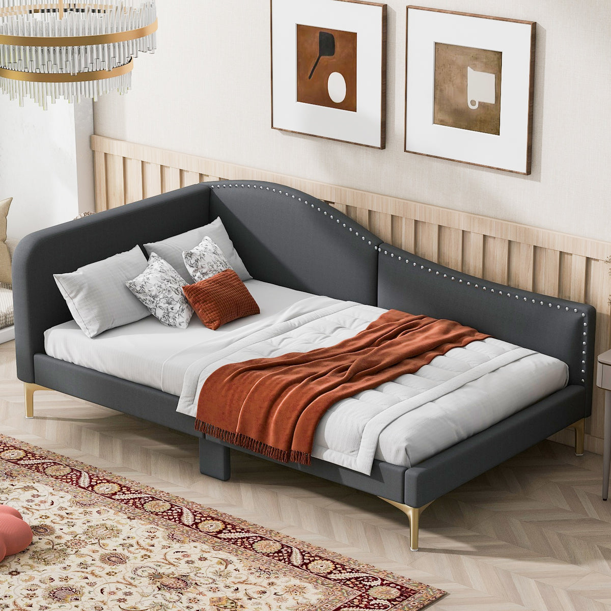 Twin Size Upholstered Daybed with Headboard and Armrest, Support Legs, Grey