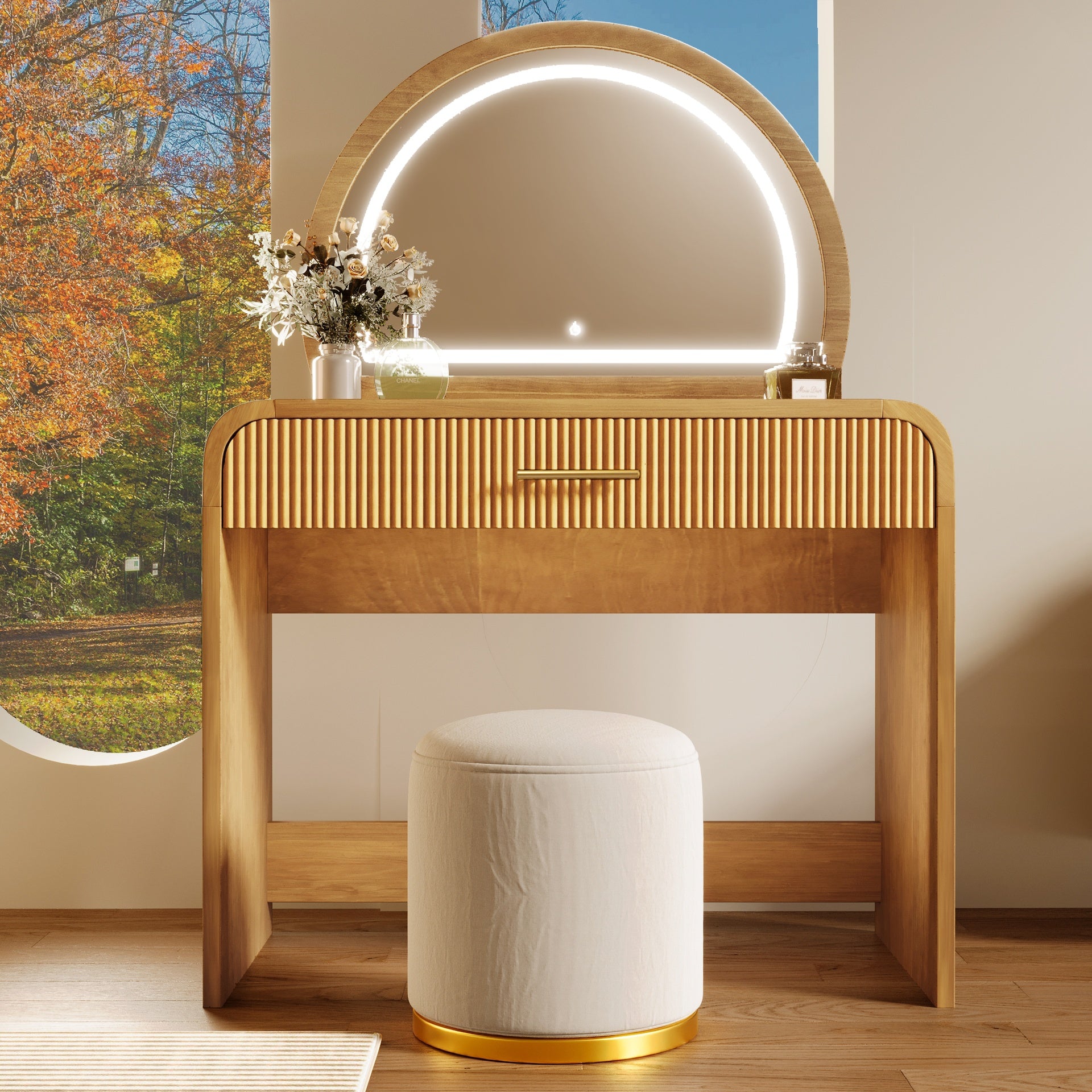 39 inch  Makeup Vanity Table with Mirror Touch Screen Lighted Mirror, Dressing Table with Drawer for Bedroom, Natural