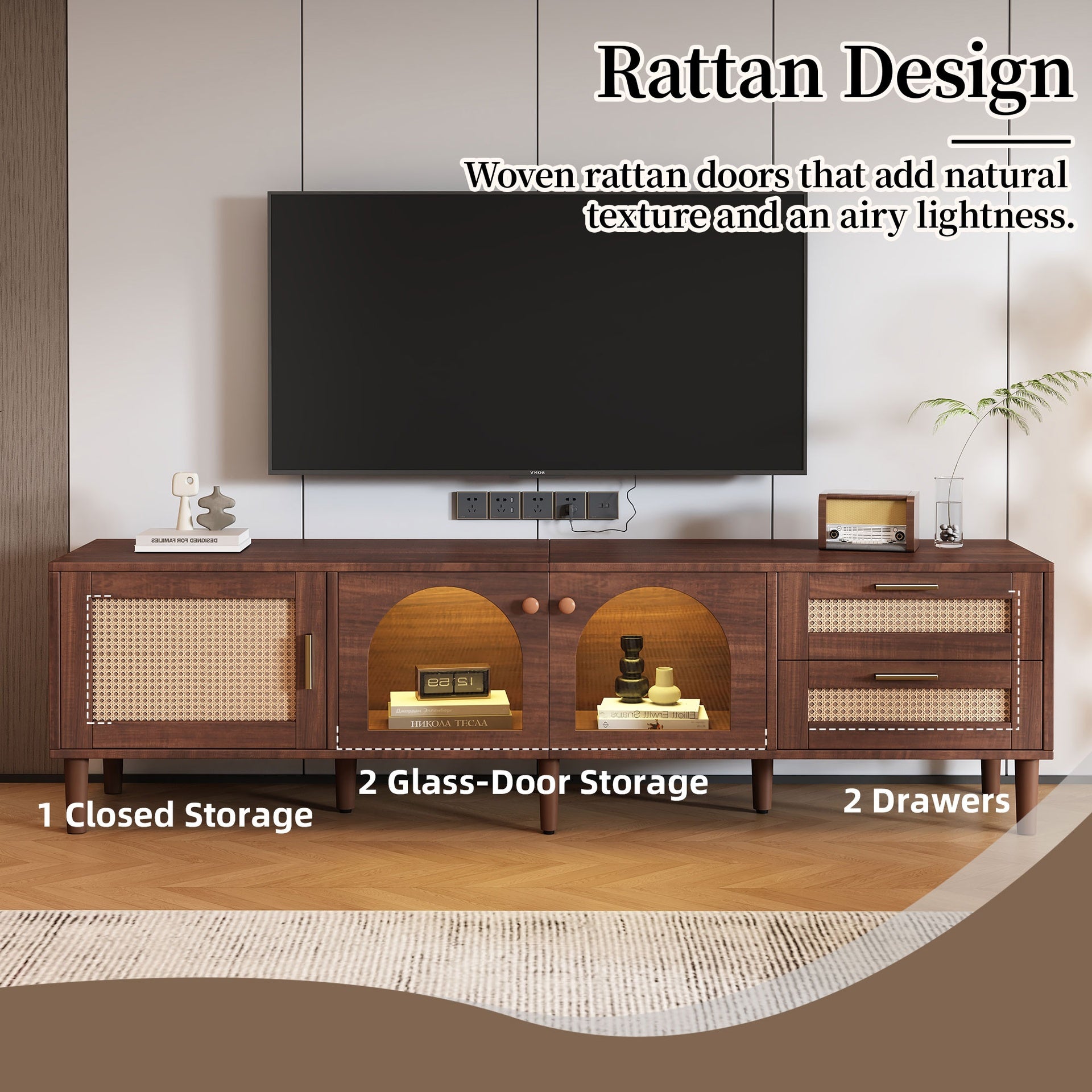 70 inch TV Stand for TVs up to 80", Entertainment Center with App Controlled LED Lights, 2 Drawers & Glass Door Storage, Modern Media Console for Living Room