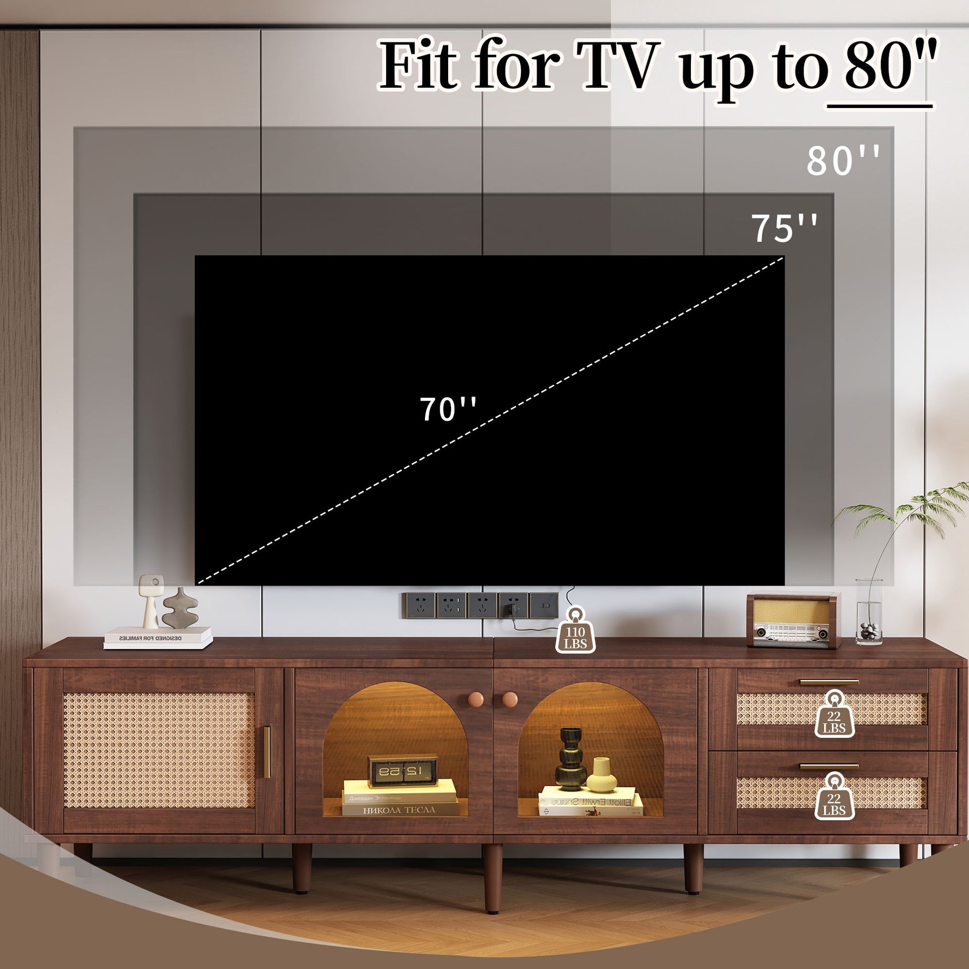 70 inch TV Stand for TVs up to 80", Entertainment Center with App Controlled LED Lights, 2 Drawers & Glass Door Storage, Modern Media Console for Living Room