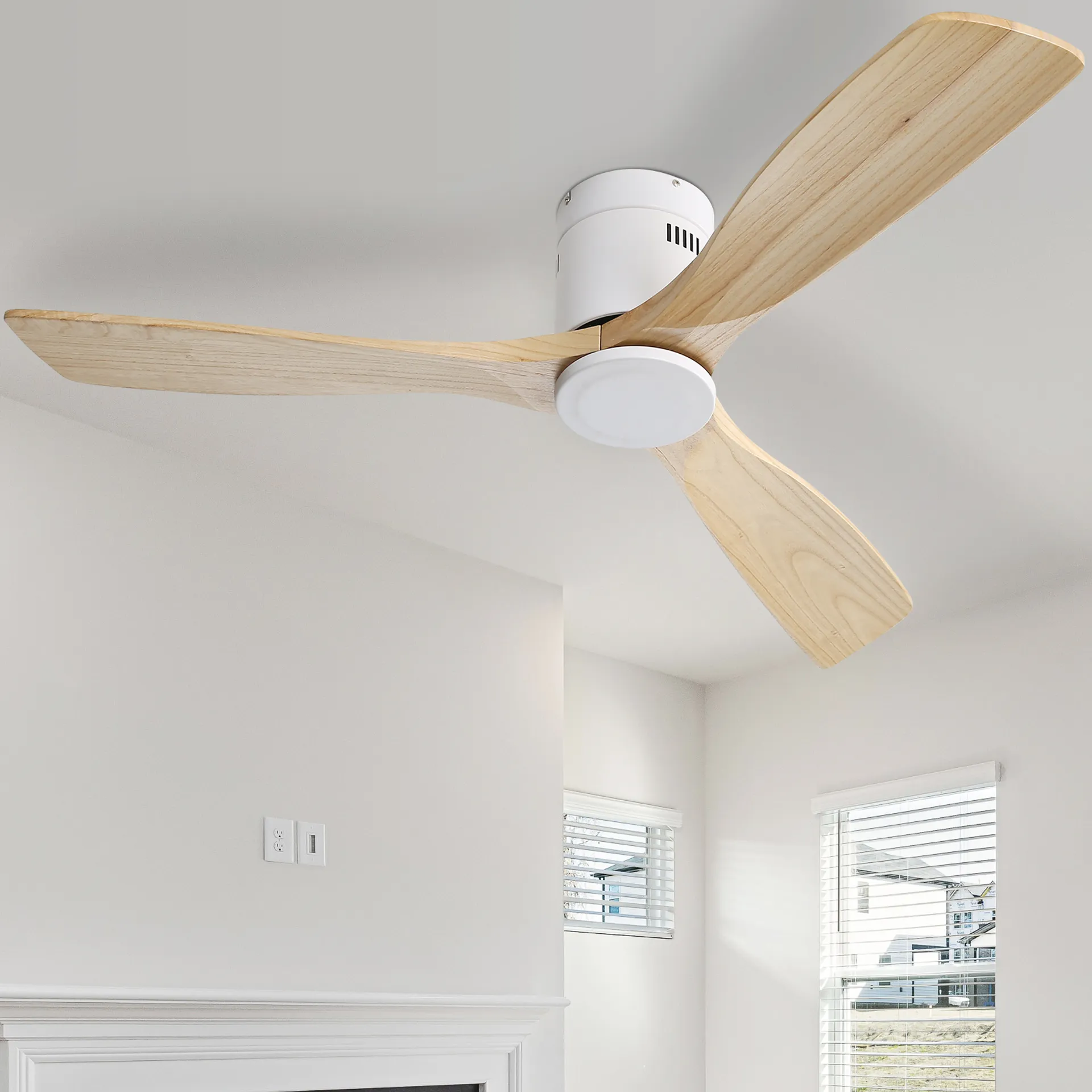 52 Inch Wooden Ceiling Fan With 3 Solid Wood Blades Remote Control Reversible DC Motor Witout Light