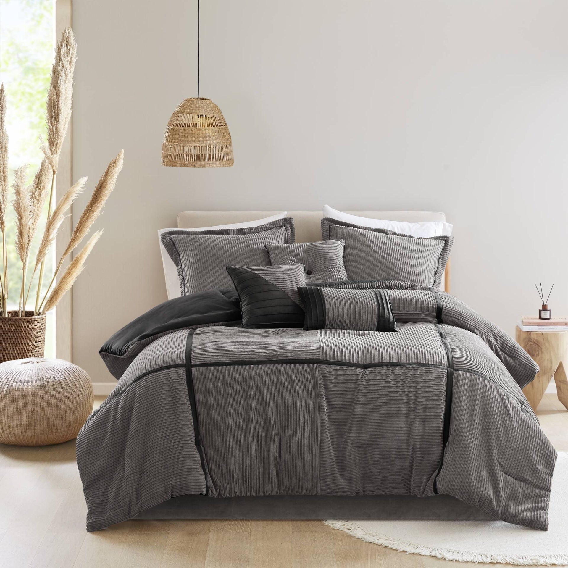 7 Piece Micro Corduroy Comforter Set Grey King