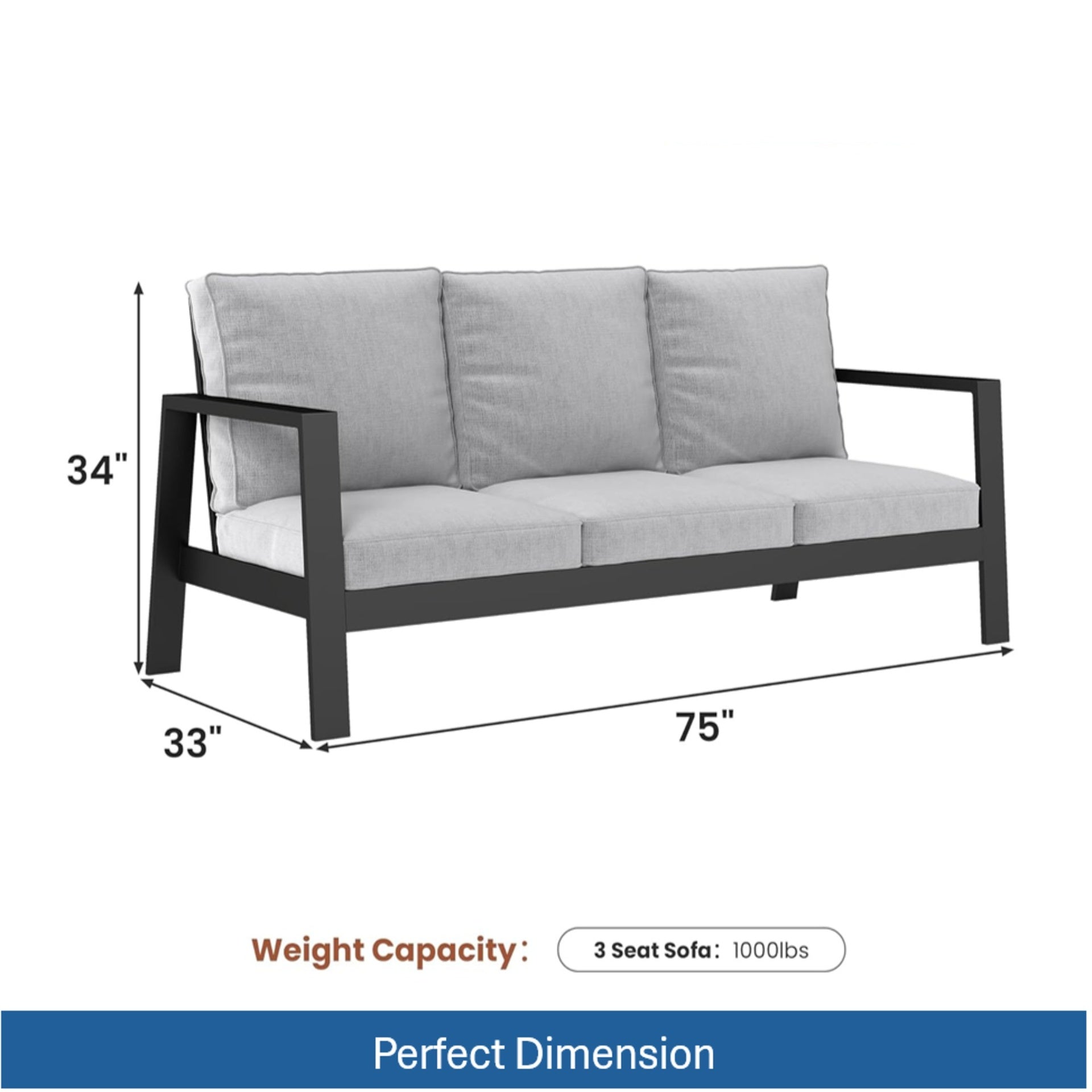 75" All-Weather Aluminum 3-seat Patio Sofa with Thick Light Gray Cushions & Black Frame