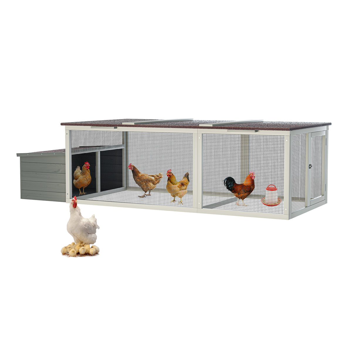 20.93ft² Large Wooden Chicken Coop Outdoor Hen House with Nesting Box & Weatherproof Asphalt Roof, Walk-in Poultry Cage with Secure Locks, Metal Mesh Run for Backyard Farm Use