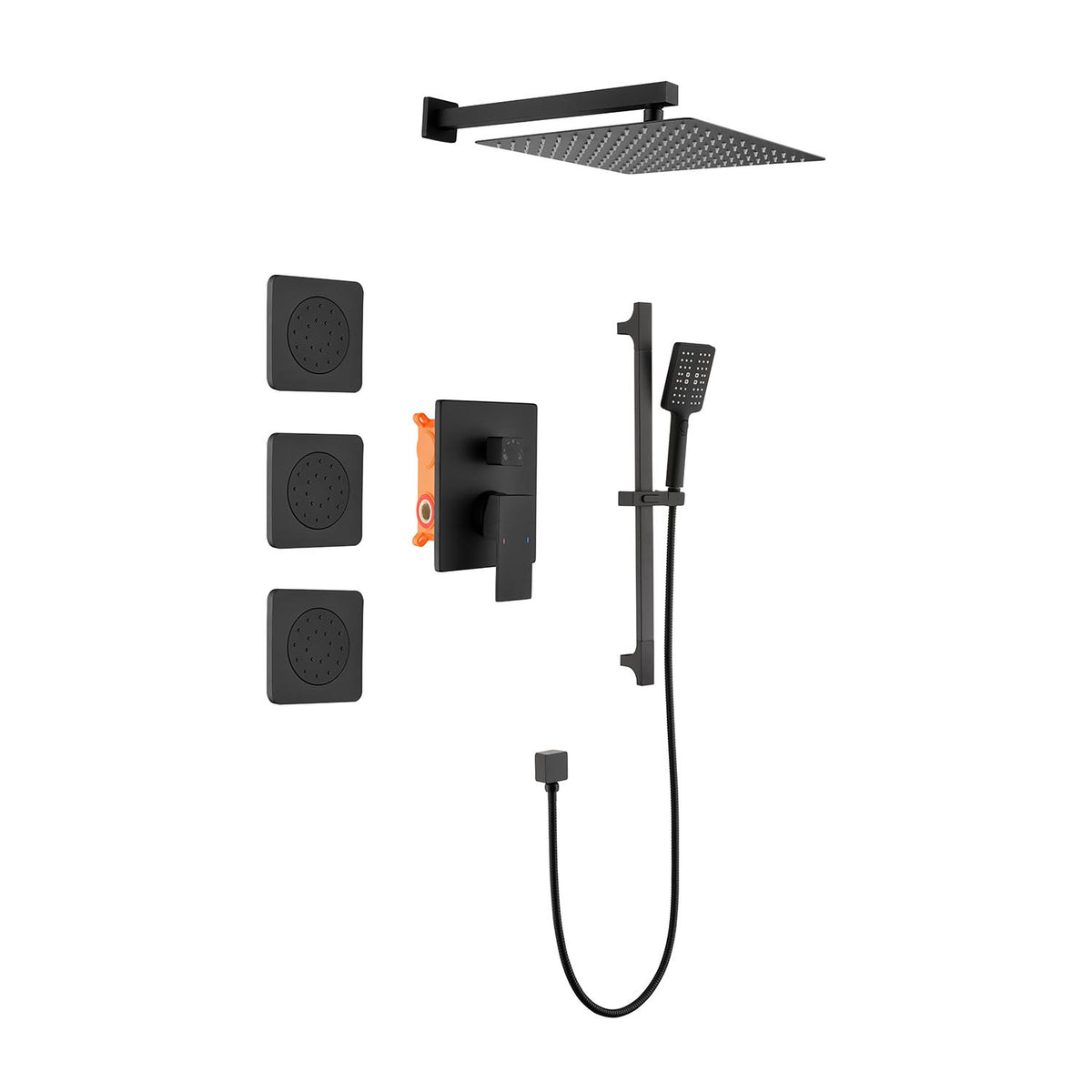 Shower System with Shower Head, Hand Shower, Slide Bar, Bodysprays, Shower Arm, Hose, Valve Trim, and Lever Handles