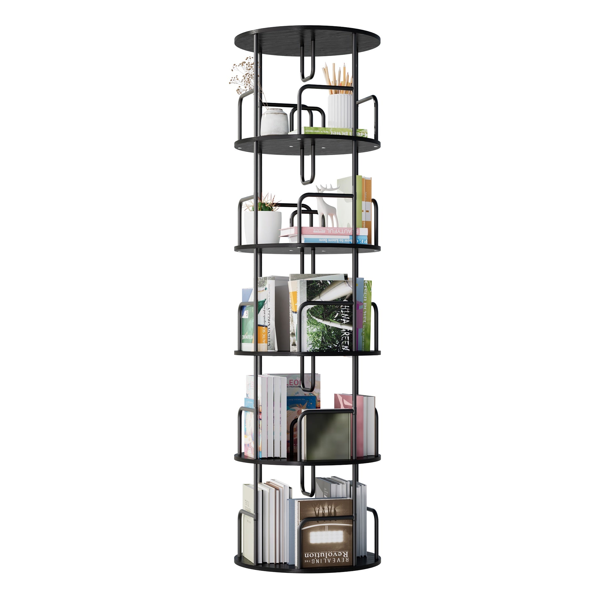 Rotating Bookshelf Tower 5 Tier, Spinning Bookcase, Revolving 360 Book Shelf Narrow Tall Bookcase, Vertical Turning Round storage Bookshelf, Book Shelf Organizer for Bedroom, Living Room, Black