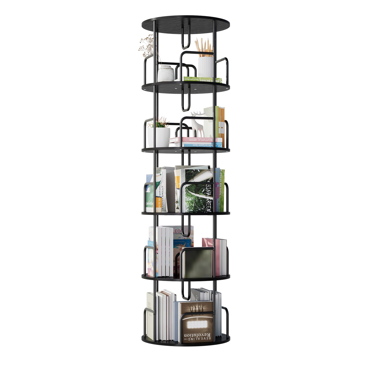 Rotating Bookshelf Tower 5 Tier, Spinning Bookcase, Revolving 360 Book Shelf Narrow Tall Bookcase, Vertical Turning Round storage Bookshelf, Book Shelf Organizer for Bedroom, Living Room, Black