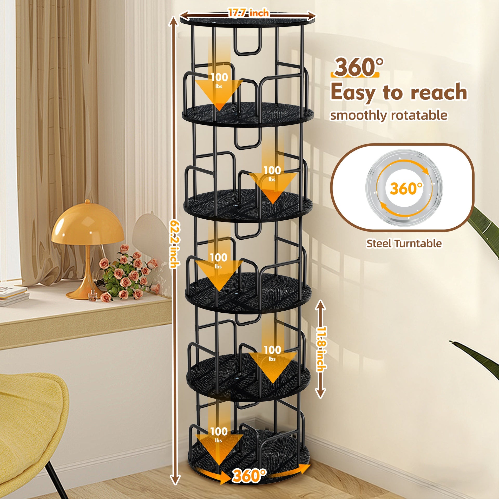 Rotating Bookshelf Tower 5 Tier, Spinning Bookcase, Revolving 360 Book Shelf Narrow Tall Bookcase, Vertical Turning Round storage Bookshelf, Book Shelf Organizer for Bedroom, Living Room, Black