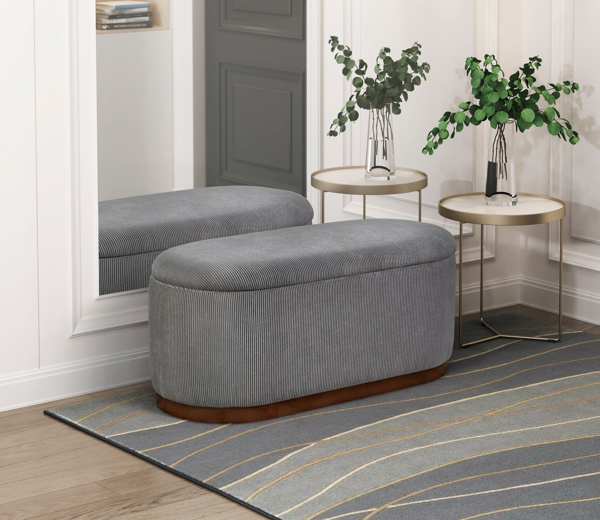 Lift Top Storage Bench Foam Cushioned Seat Gray Corduroy Fabric Upholstery 1pc