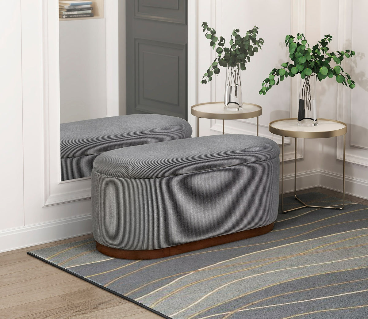 Lift Top Storage Bench Foam Cushioned Seat Gray Corduroy Fabric Upholstery 1pc