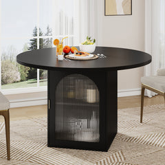 47 Inch Round Dining Table with Storage Cabinet, Modern Pedestal Base, Ribbed Glass Doors, Seats 4 to 6, Space Saving for Apartment or Small Space, Black