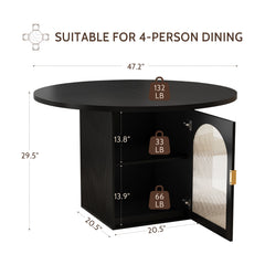 47 Inch Round Dining Table with Storage Cabinet, Modern Pedestal Base, Ribbed Glass Doors, Seats 4 to 6, Space Saving for Apartment or Small Space, Black