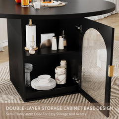47 Inch Round Dining Table with Storage Cabinet, Modern Pedestal Base, Ribbed Glass Doors, Seats 4 to 6, Space Saving for Apartment or Small Space, Black
