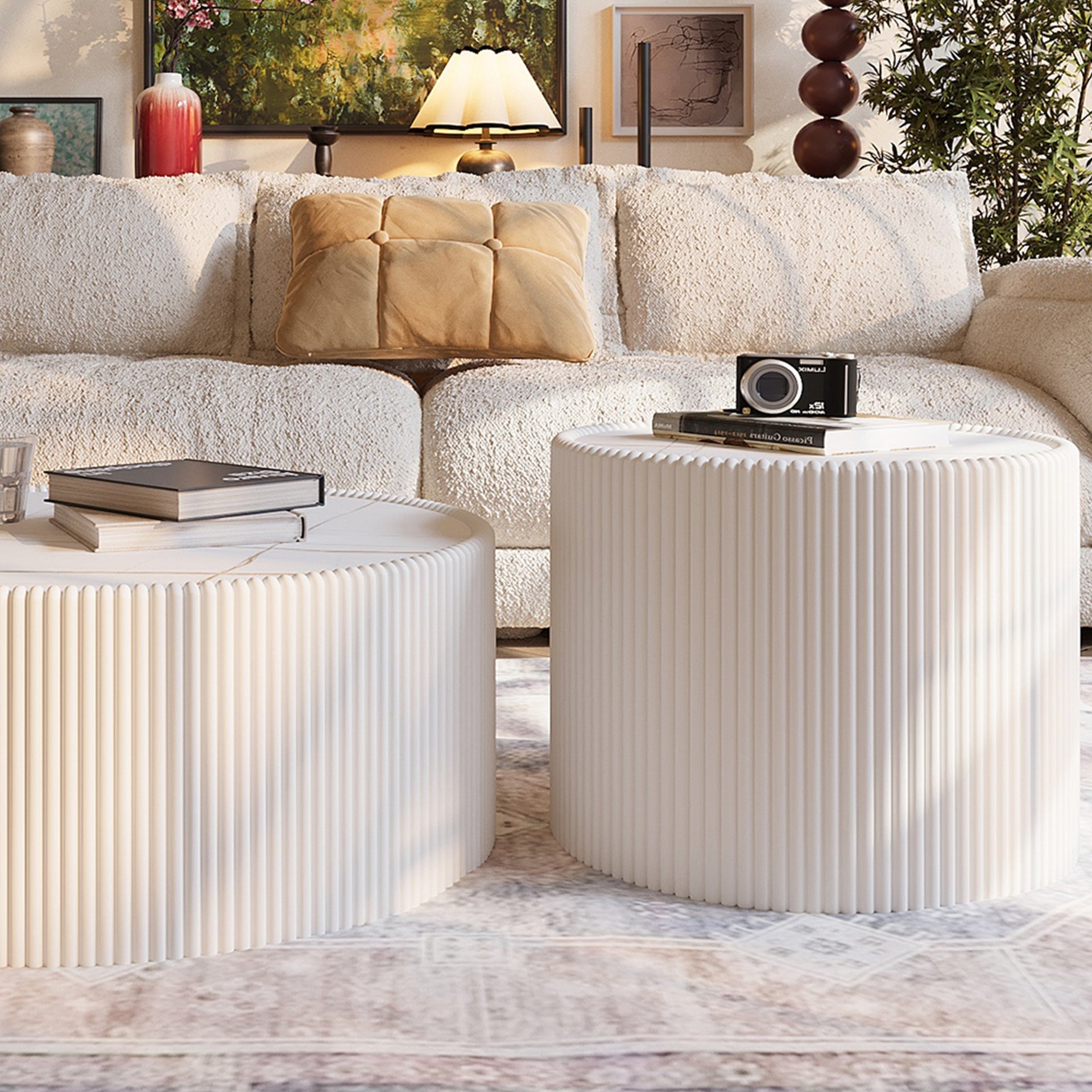 Light Sintered stone Top Cylinder Shape Leather Coffee modern Sofa Table for Living Room furniture (Each tabletop has a unique gold pattern)