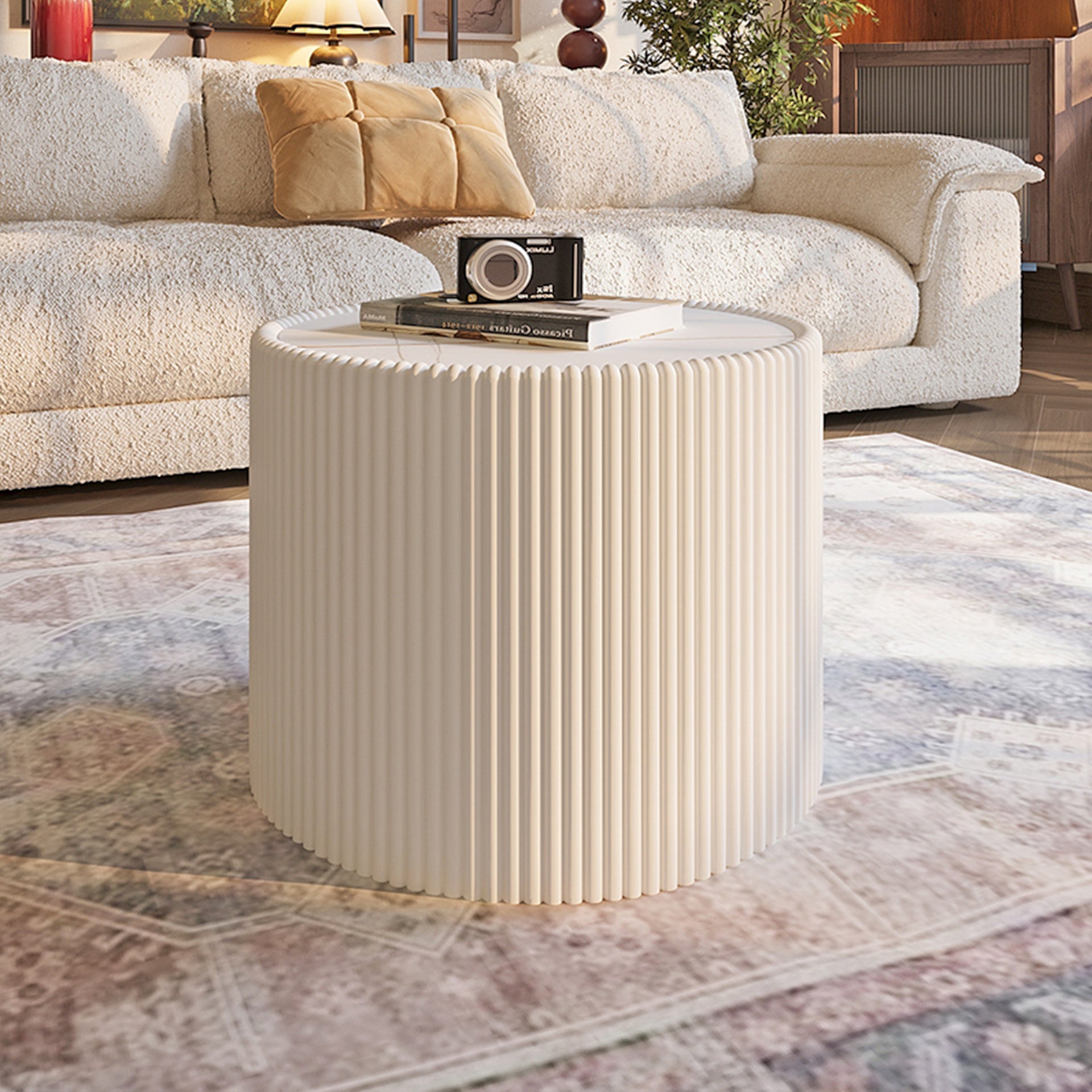 Light Sintered stone Top Cylinder Shape Leather Coffee modern Sofa Table for Living Room furniture (Each tabletop has a unique gold pattern)