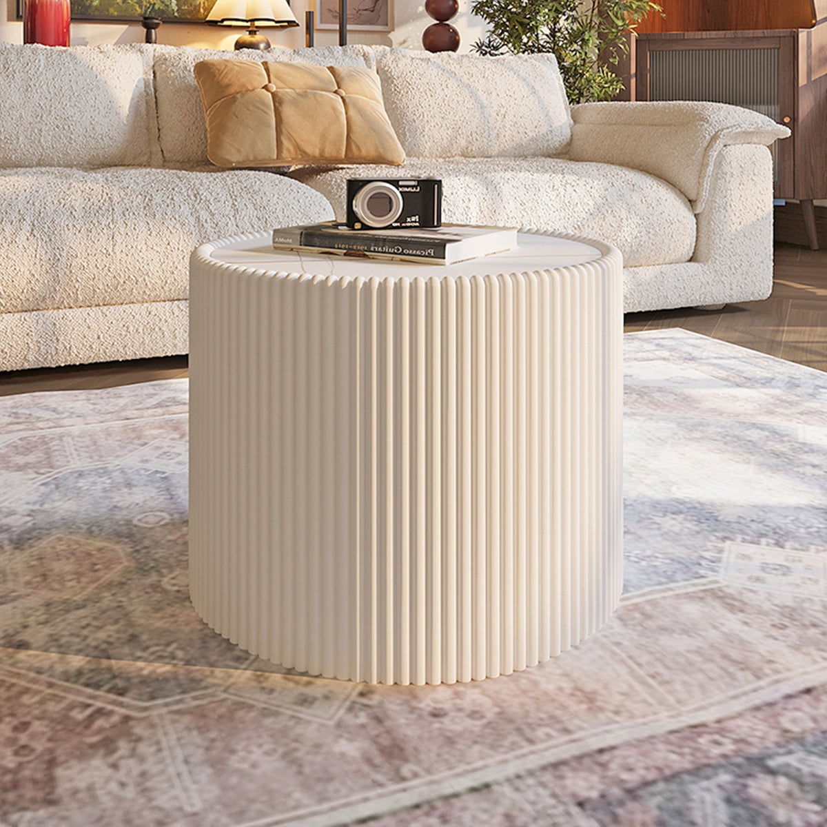 Light Sintered stone Top Cylinder Shape Leather Coffee modern Sofa Table for Living Room furniture (Each tabletop has a unique gold pattern)