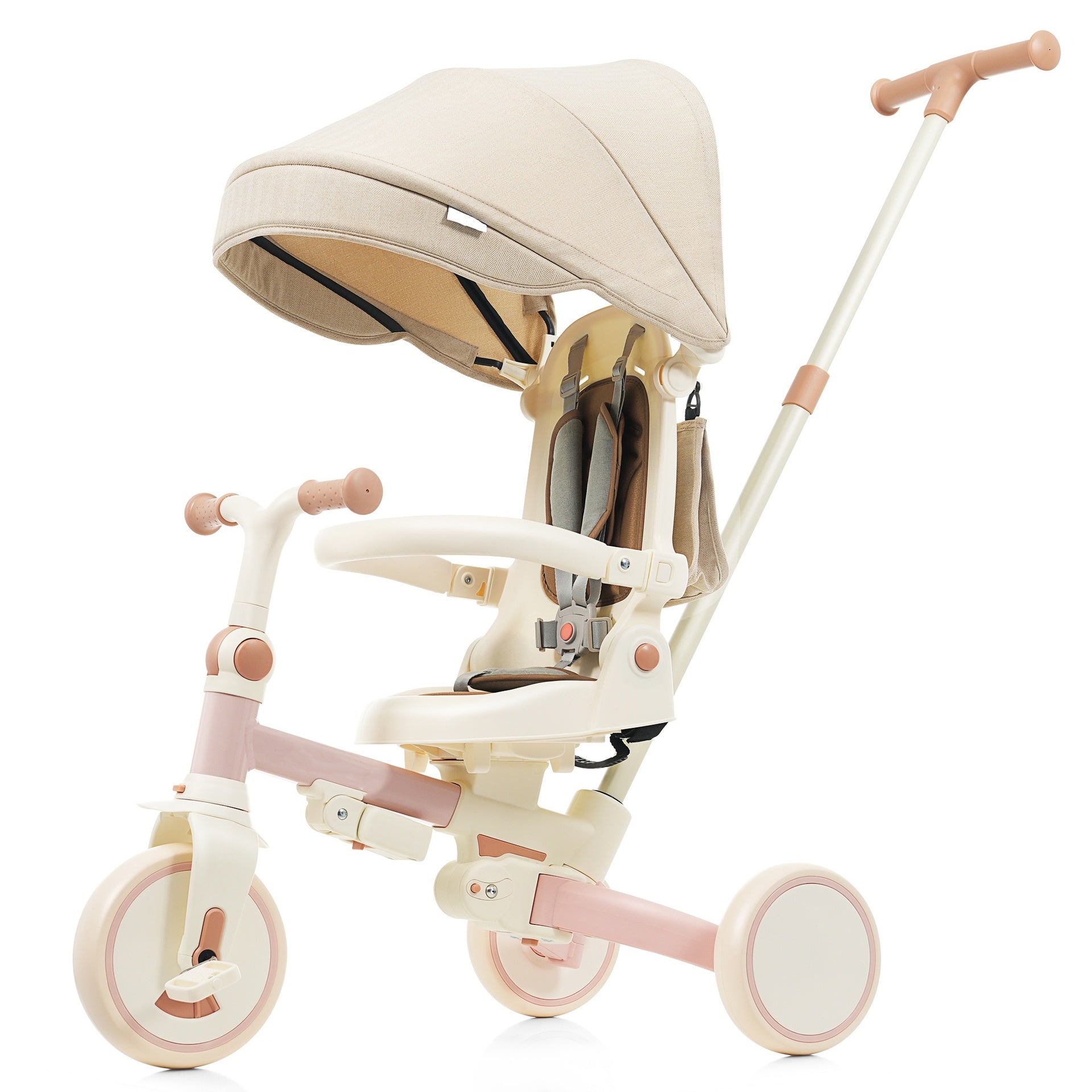 7 in 1 Baby Tricycle, Foldable Toddler Tricycle with Removable and Adjustable Parent Handle, Toddler Push Bike with Removable Pedal, Canopy, and Guardrail, Tricycle for 12-72 Months, pink