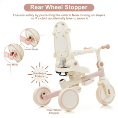 7 in 1 Baby Tricycle, Foldable Toddler Tricycle with Removable and Adjustable Parent Handle, Toddler Push Bike with Removable Pedal, Canopy, and Guardrail, Tricycle for 12-72 Months, pink