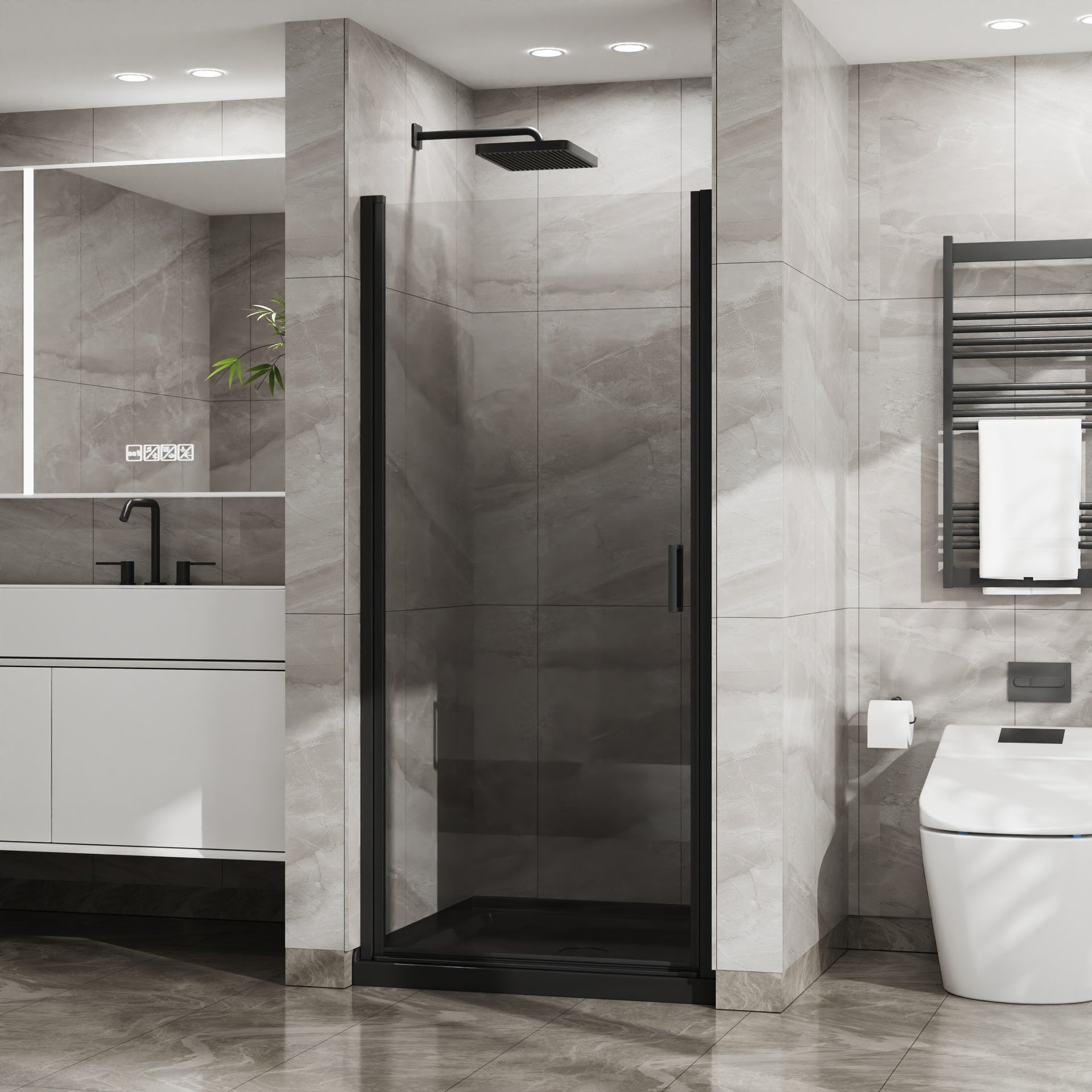 Goodyo 34"x72" Pivot Shower Door, 1/4 inch Thick Tempered Glass Swing Shower Door in Black Finish, Semi-Frameless Design
