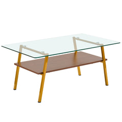 Rectangle Coffee Table, Tempered Glass Tabletop with Gold Metal Legs, Modern Table for Living Room , Transparent Glass