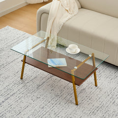 Rectangle Coffee Table, Tempered Glass Tabletop with Gold Metal Legs, Modern Table for Living Room , Transparent Glass