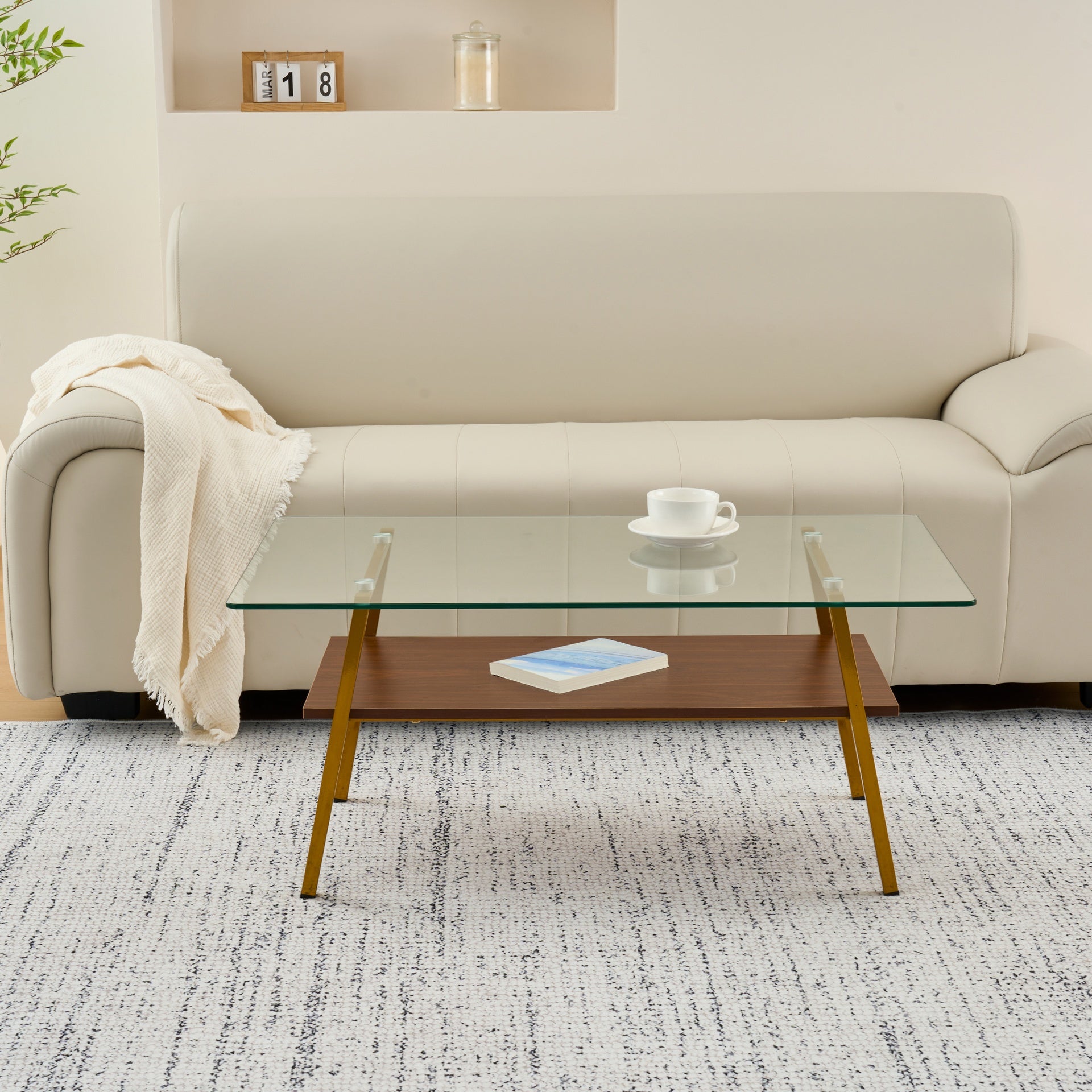 Rectangle Coffee Table, Tempered Glass Tabletop with Gold Metal Legs, Modern Table for Living Room , Transparent Glass