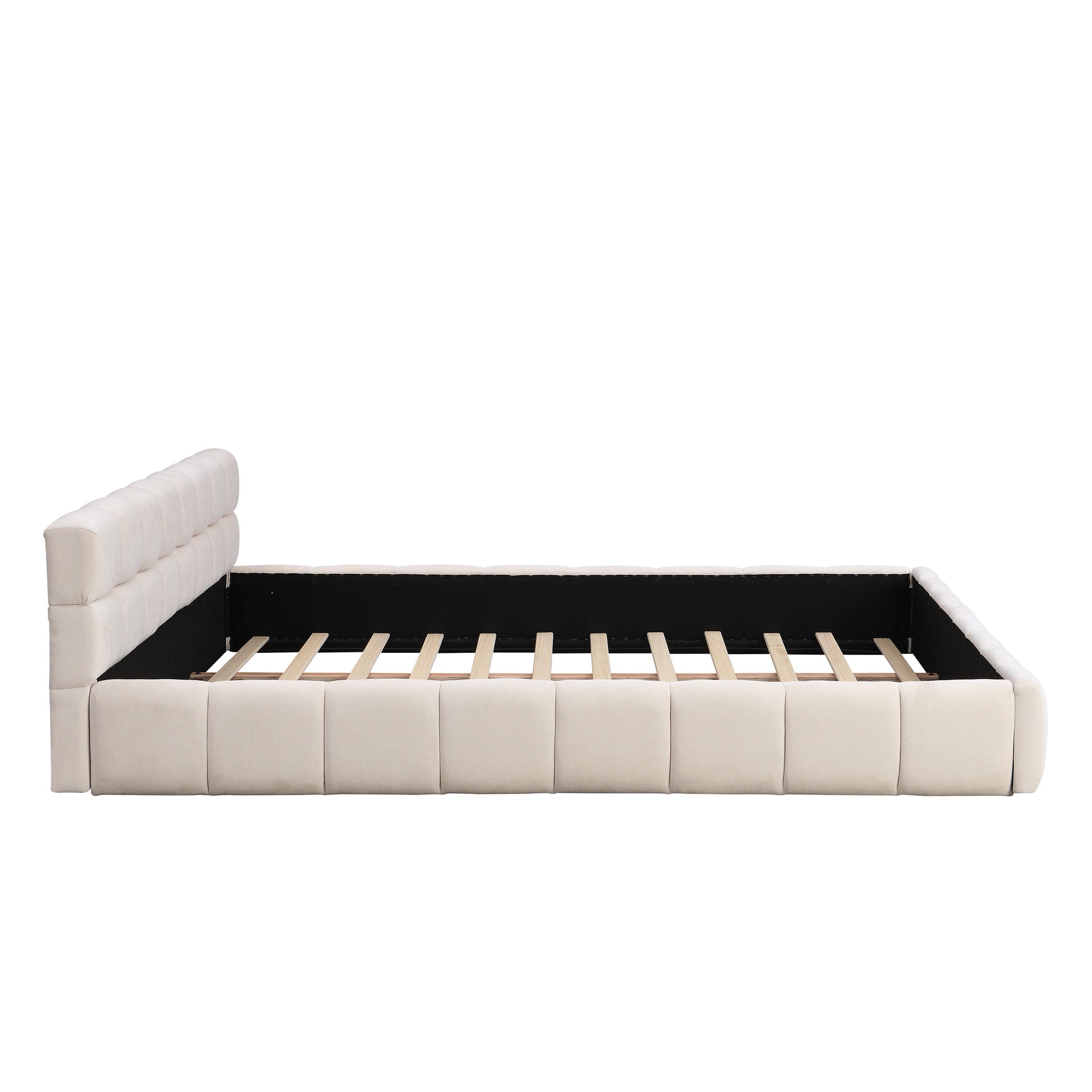 Elegant Beige Chenille Upholstered Bed with Checkerboard Design, King, Beige