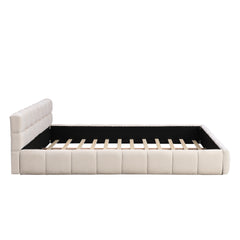 Elegant Beige Chenille Upholstered Bed with Checkerboard Design, King, Beige