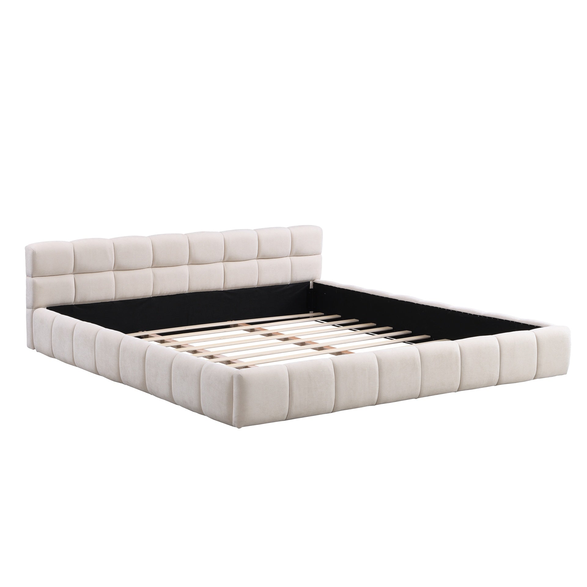 Elegant Beige Chenille Upholstered Bed with Checkerboard Design, King, Beige
