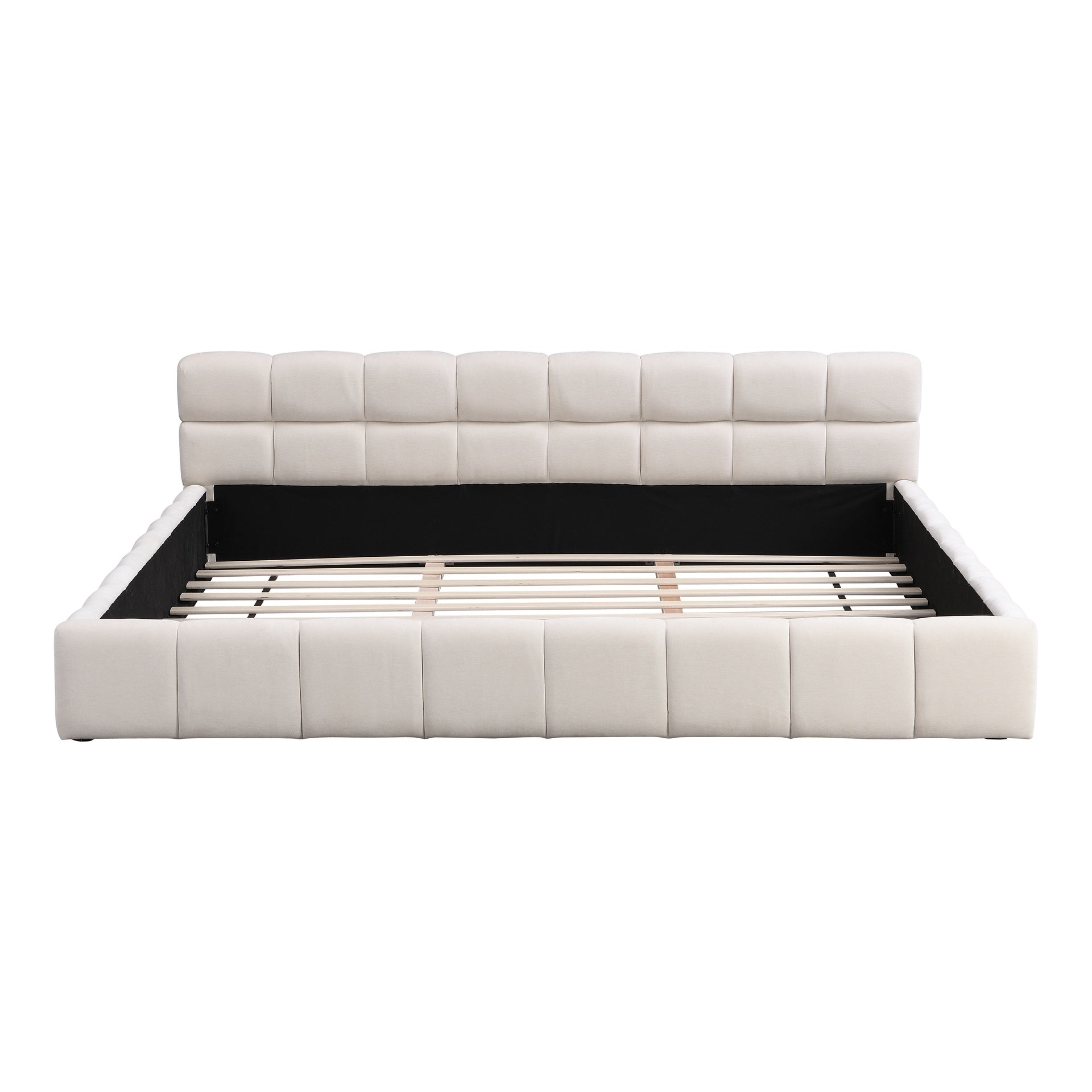 Elegant Beige Chenille Upholstered Bed with Checkerboard Design, King, Beige