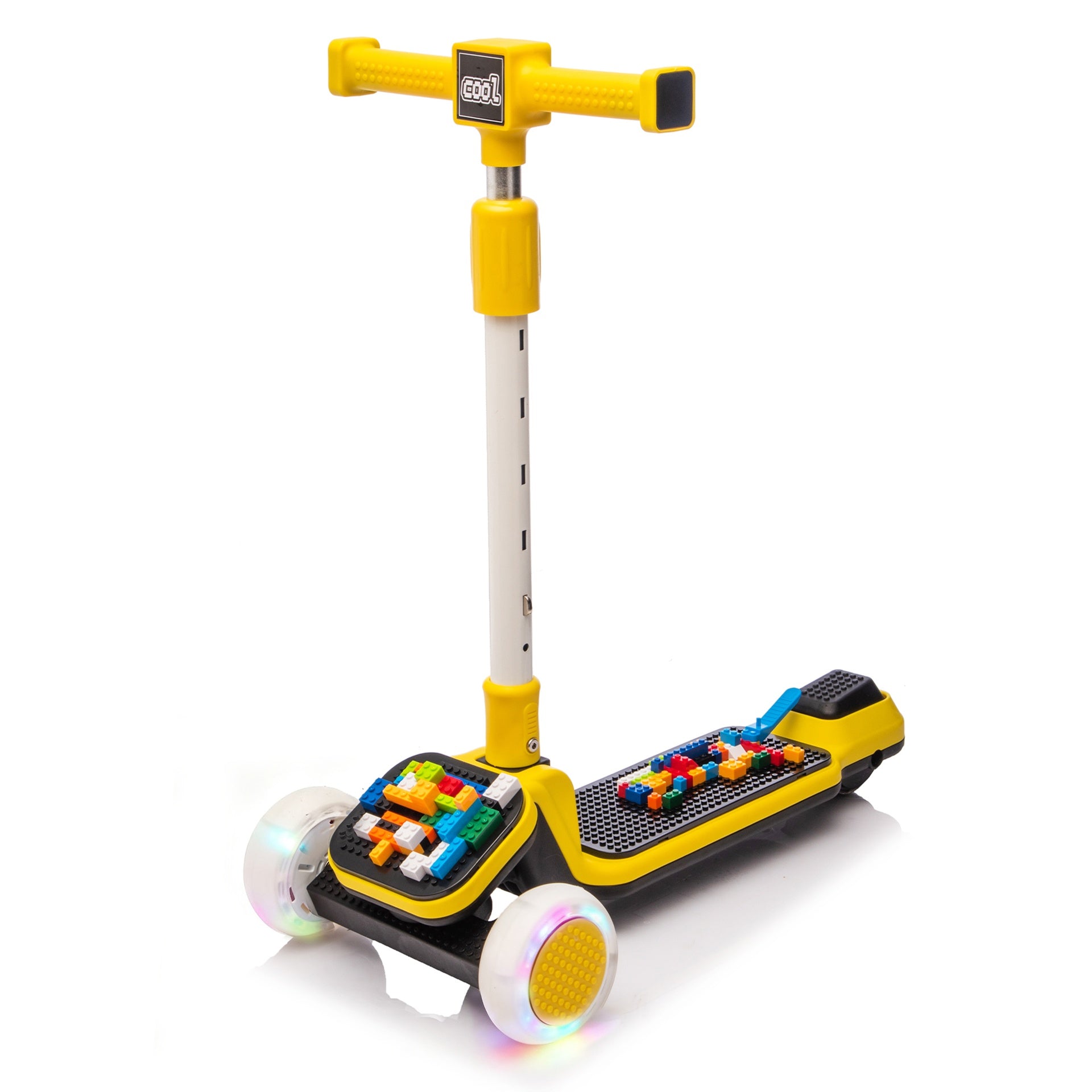 Kids Ride On 3-Wheel Scooter W/Buildable blocks, PU flashing wheels and Folding Kick Scooter,Thickened custom aluminum tube,5-position height-adjustable handlebar&one-touch footbrake for Kids Aged 3-9