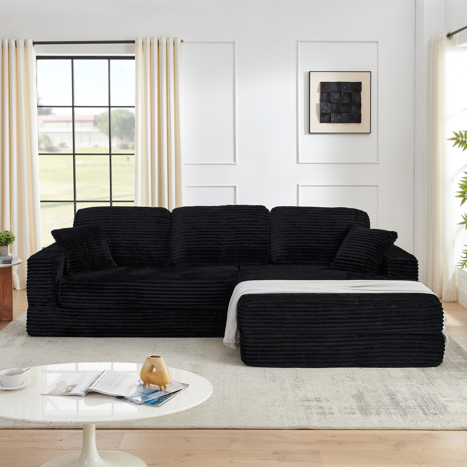 Right sofa seat,L shape Modular Sectional Sofa, Compressed Sectional Sofa Modern Minimalist Style Corduroy Couch,Unfold into a bed, Bedroom, Comfy Compressed Sofa Couch Space-Efficient Design-black